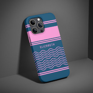 Blue and Pink Wavy Stripes Pattern Monogram iPhone 16 Pro Case