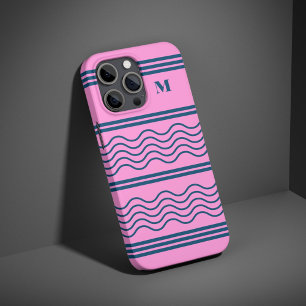 Blue and Pink Wavy Stripes Pattern Monogram iPhone 16 Pro Case