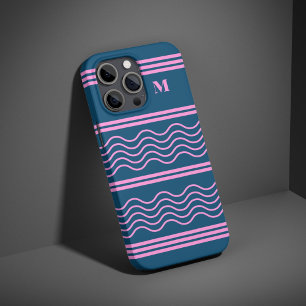 Blue and Pink Wavy Stripes Pattern Monogram iPhone 16 Pro Case