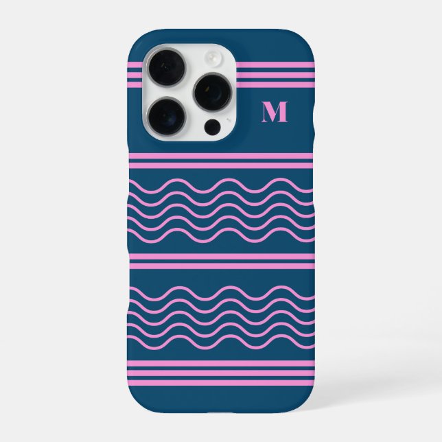 Blue and Pink Wavy Stripes Pattern Monogram iPhone Case (Back)