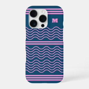 Blue and Pink Wavy Stripes Pattern Monogram iPhone 16 Pro Case