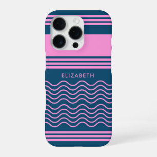 Blue and Pink Wavy Stripes Pattern Monogram iPhone 16 Pro Case