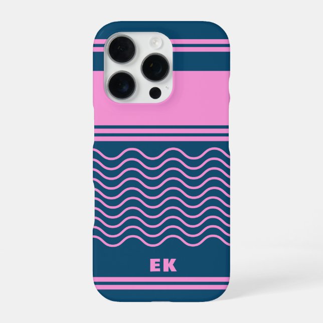Blue and Pink Wavy Stripes Pattern Monogram iPhone Case (Back)