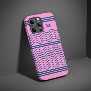 Blue and Pink Wavy Stripes Pattern Monogram iPhone 16 Pro Case