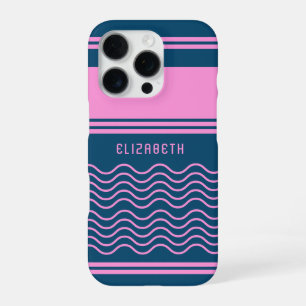 Blue and Pink Wavy Stripes Pattern Monogram iPhone 16 Pro Case