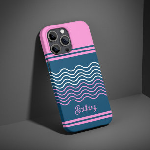 Blue and Pink Wavy Stripes Pattern Personalised iPhone 16 Pro Case