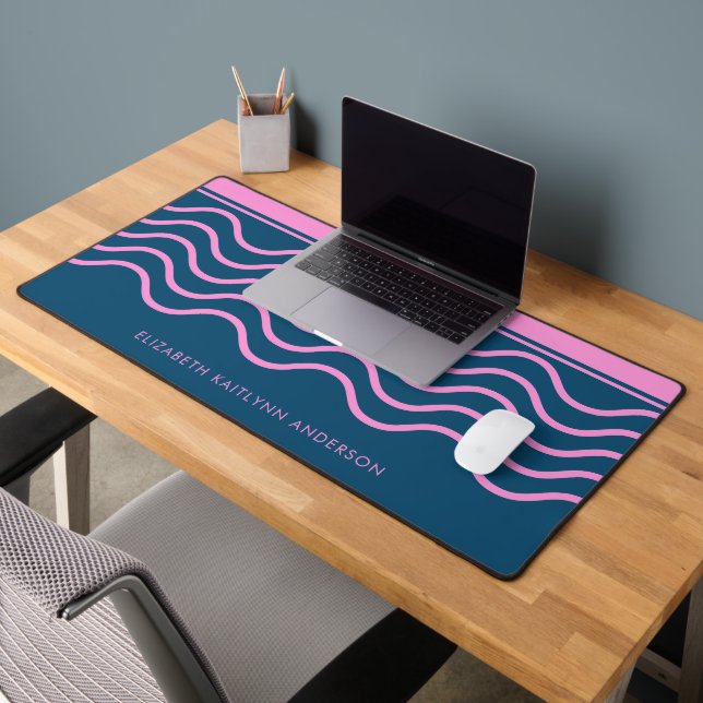 Blue and Pink Wavy Stripes Pattern Personalised  Desk Mat (Office 2)