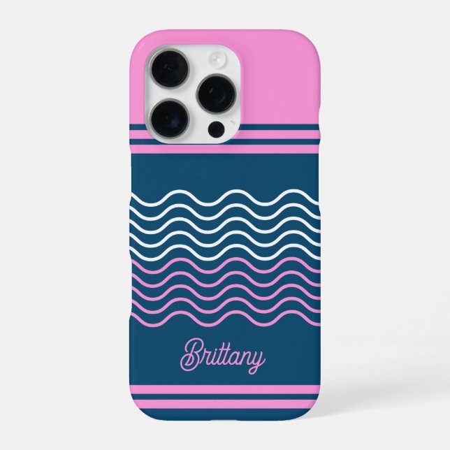Blue and Pink Wavy Stripes Pattern Personalised  iPhone Case (Back)