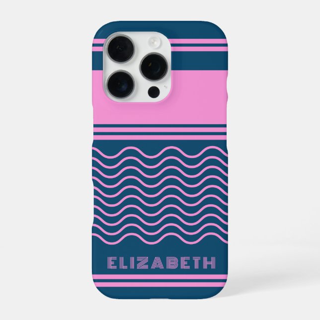Blue and Pink Wavy Stripes Pattern Personalised  iPhone Case (Back)