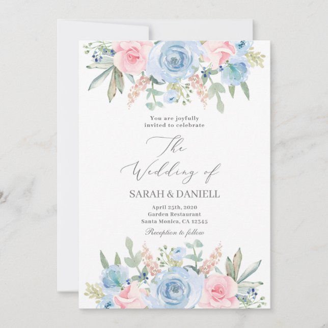 Blue and pink wedding invitation (Front)