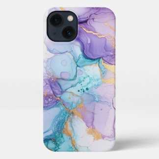 blue and purple alcohol ink art gold iPhone 13 case