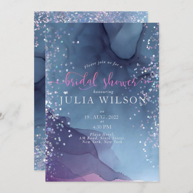 Blue and purple alcohol ink with glitter mystic invitation (Front/Back)