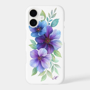 Blue and Purple Blossom Floral Case with Monogram