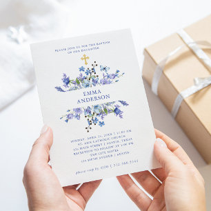 Blue and Purple Boho   Floral Baptism Invitation