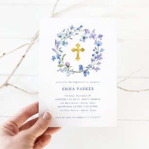 Blue and Purple Boho Wreath and Cross   Baptism Invitation