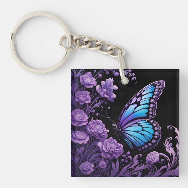 Blue and Purple Butterfly Floral  Key Ring (Front)