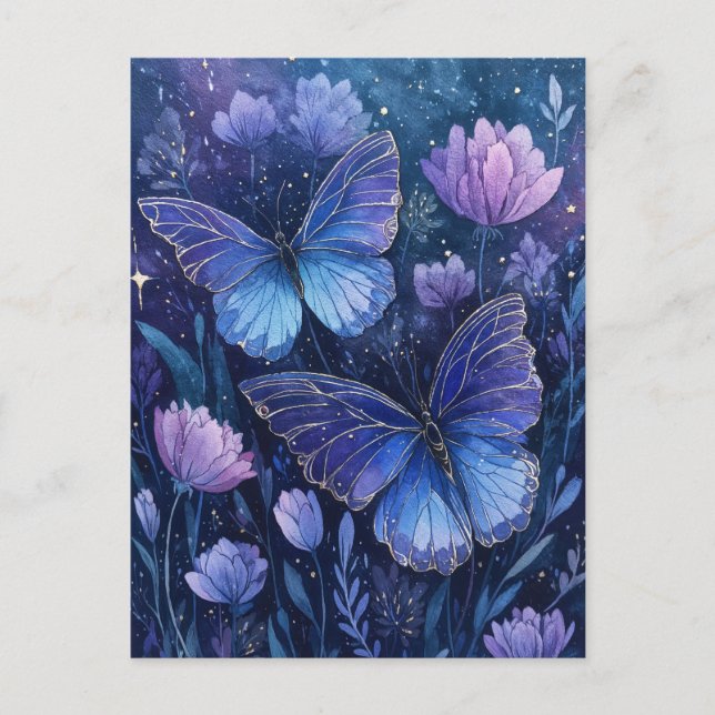 Blue and Purple Butterfly in Starry Floral Garden Postcard (Front)