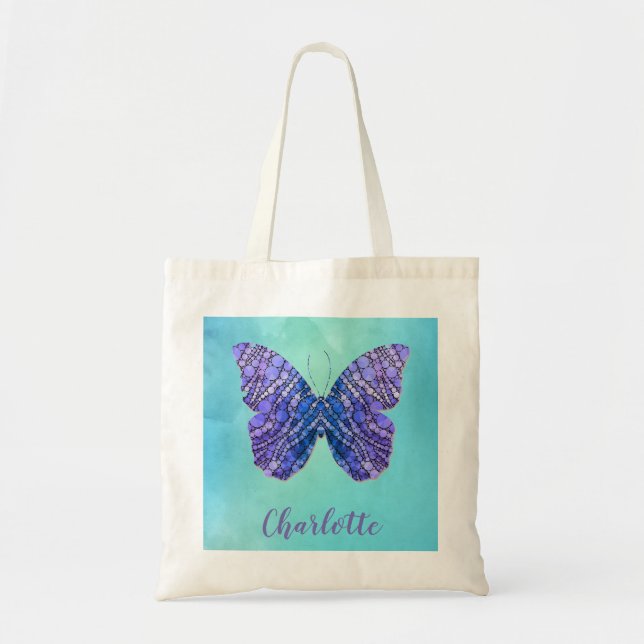 Blue and Purple Butterfly Name Monogram Tote Bag (Front)