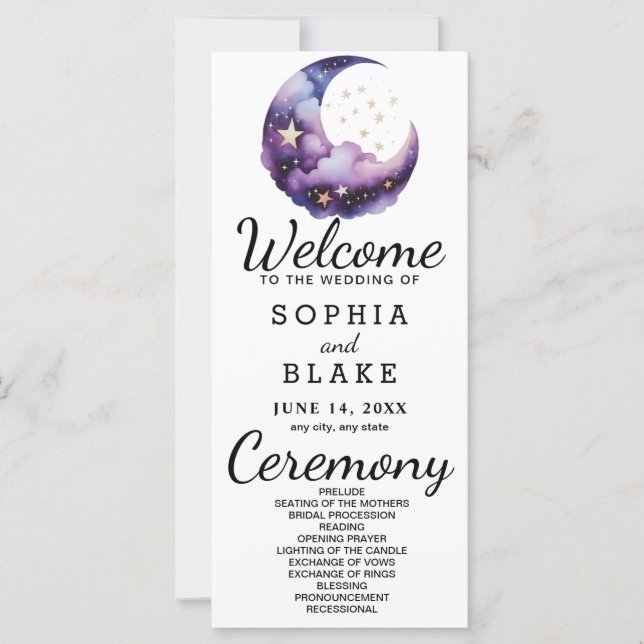 Blue and Purple Crescent Moon Wedding Program (Front)