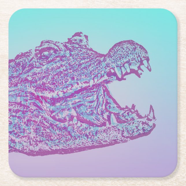 Blue and Purple Crocodile Print Square Paper Coaster (Front)