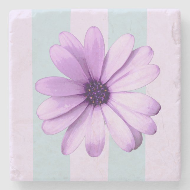 Blue and Purple Daisy Pattern Stone Coaster (Front)
