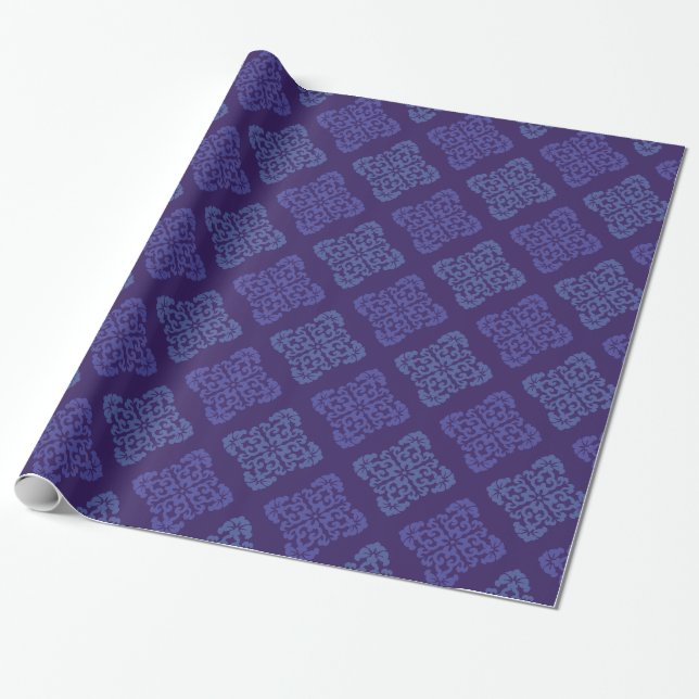 Blue And Purple Damask Wrapping Paper (Unrolled)