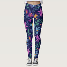 blue and purple exotic  flowers leggings