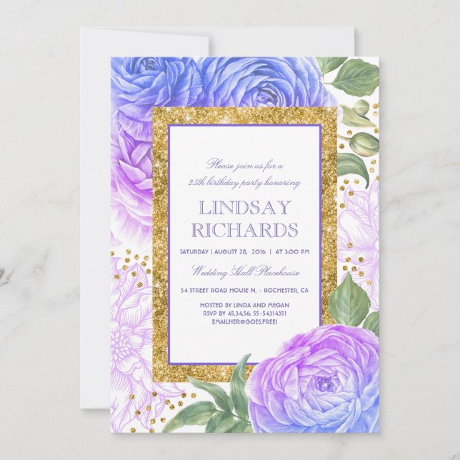 Blue and Purple Floral Gold Confetti Birthday Invitation (Front)