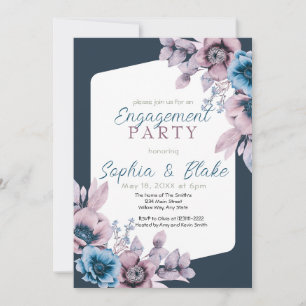 Blue and Purple Floral Grey Engagement Party  Invitation