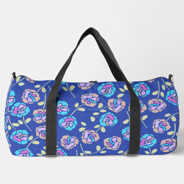 Blue and Purple Floral Pattern Duffle Bag (Front)