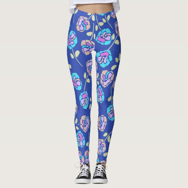 Blue and Purple Floral Pattern Leggings (Front)