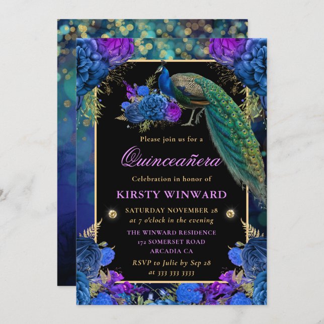 Blue and Purple Floral Peacock Quinceanera Invitation (Front/Back)