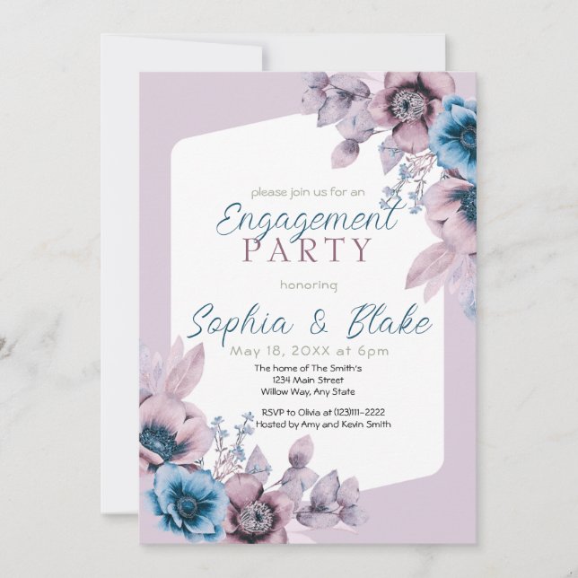 Blue and Purple Floral Purple Engagement Party  Invitation (Front)