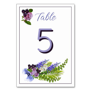 Blue and purple floral table number