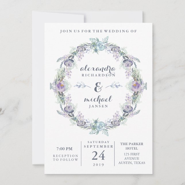 Blue and Purple Floral Wreath Wedding Invitation (Front)