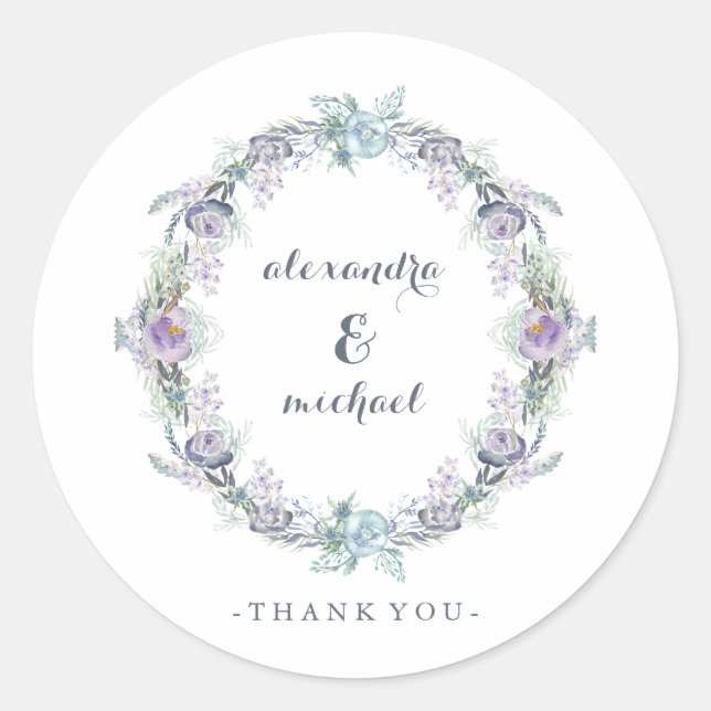 Blue and Purple Floral Wreath Wedding Thank You Classic Round Sticker (Front)