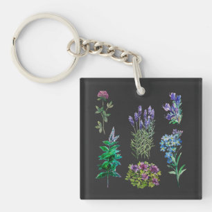 Blue and purple flowers in watercolors key ring