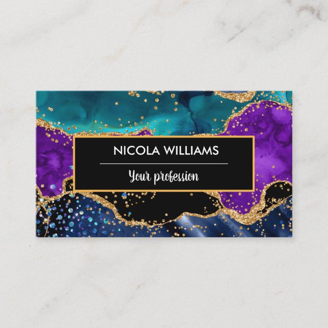 Blue and Purple Glitter Peacock Agate Business Card (Front)