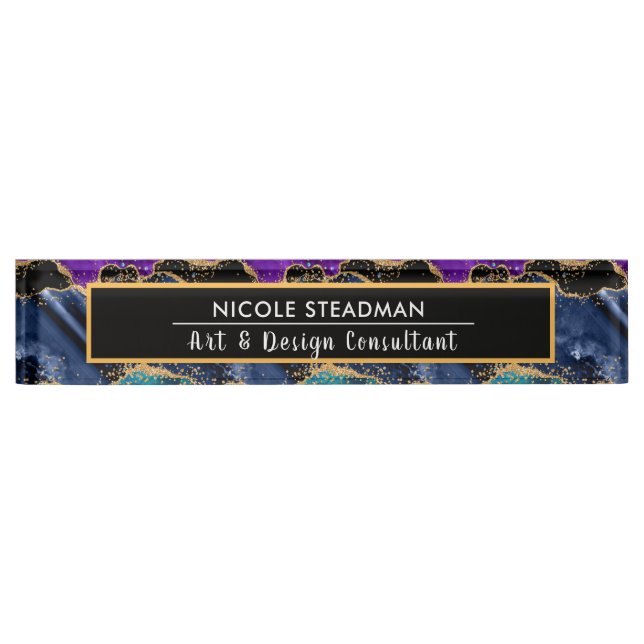 Blue and Purple Glitter Peacock Agate Nameplate (Front)