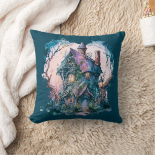 Blue and Purple Haunted House Blue Halloween Cushion