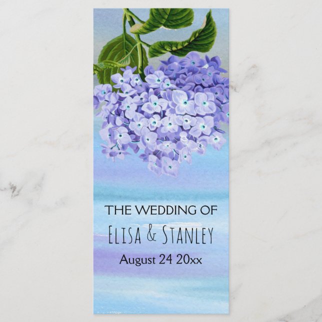 Blue and purple hydrangea floral wedding program programme (Front)
