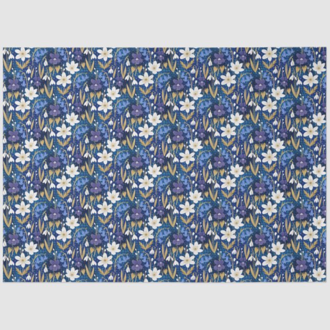 Blue and Purple Illustrated Floral Decoupage Tissue Paper (Front)