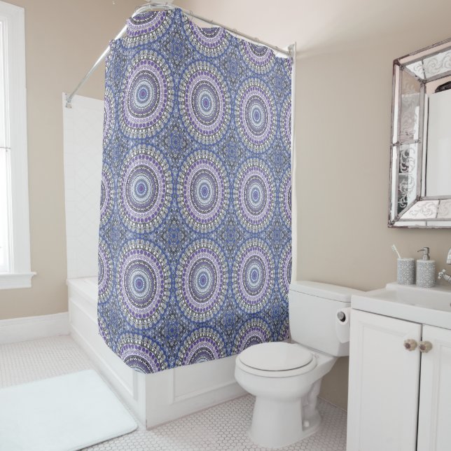 Blue and Purple Mandala Geometric Circular Pattern Shower Curtain (In Situ)
