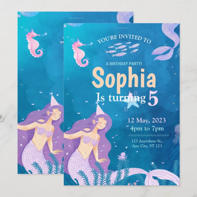 Blue and Purple Mermaid Birthday Party Invitation (Front/Back)