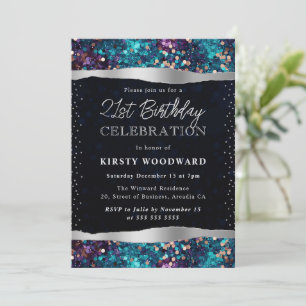 Blue and Purple Mermaid Sequins 21st Birthday Invitation