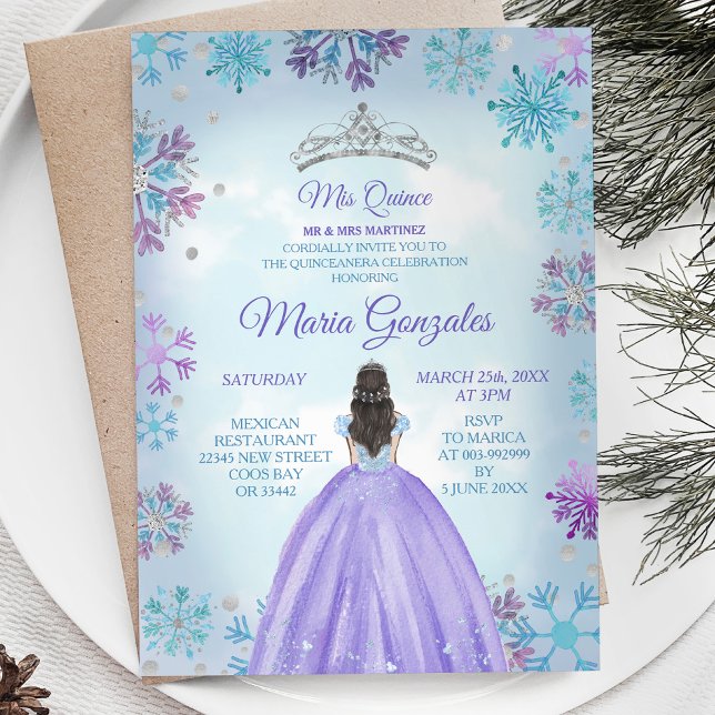 Blue and Purple Mexican Girl Winter Mis Quince Invitation (Creator Uploaded)