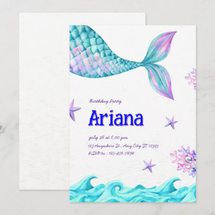 Blue and Purple Minimalist Mermaid Birthday Party Invitation