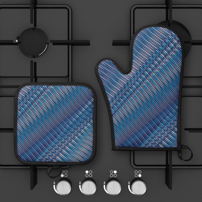 Blue and purple Moiré Stripes - Trippy Abstract Oven Mitt & Pot Holder Set (Creator Uploaded)
