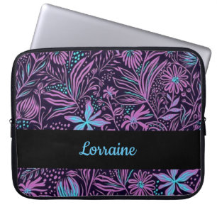 Blue and purple neon flowers laptop sleeve