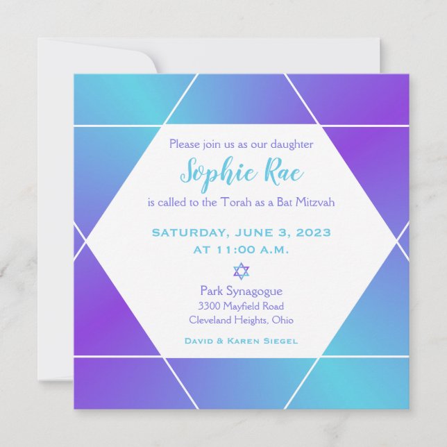Blue and Purple Ombre Star Of David Invitation (Front)